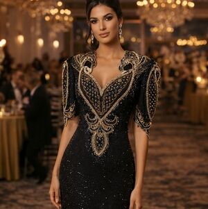 NWOT Vintage Showtime Pure Silk Hand Beaded Evening Gown SZ 10  Rare 90s